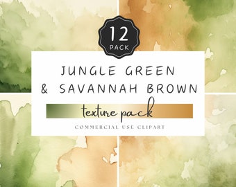 May include: A digital download of 12 watercolor textures in shades of green and brown. The textures are labeled "Jungle Green & Savannah Brown Texture Pack, Commercial Use Clipart".