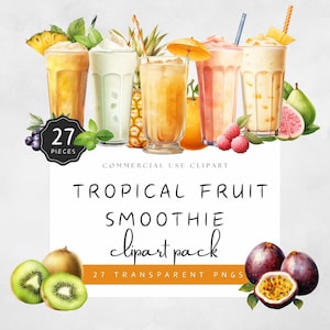 Tropical Fruit Clipart Smoothie Banana Dragonfruit Passionfruit Guava Starfruit Kiwi Mango Coconut Milk PNG | UC005
