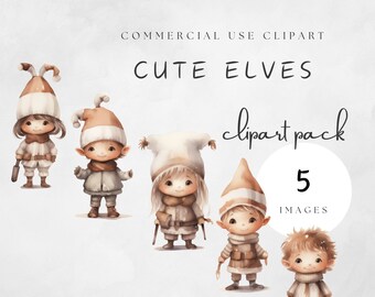 Cute Elves Clipart Pack Commercial License Christmas Elf Watercolor Aquarel Clip Art Neutral Style Winter Digital Adorable Doll | UC105