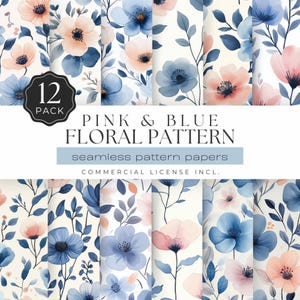 Rosa und Blau Blumenmuster, nahtlos, digital Papier - 12 Wasserfarben Scrapbook Papier für Journale & Kunsthandwerk, feminines Design | UC301