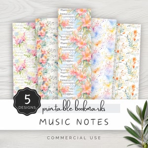 Floral Music Notes Printable Bookmark, Bright Color Flowers and Musical Elements, Cute Bookmarks for Book Lover, 5 Matching Designs | UC701