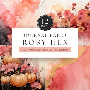 Può includere: Un pacchetto di carta digitale con texture acquerellate nei toni del rosa, pesca e oro. L'immagine include una varietà di disegni floreali e astratti, con il testo "JOURNAL PAPER ROSY HEX" e "12 PACK". Sono incluse anche le parole "commercial use digital paper".