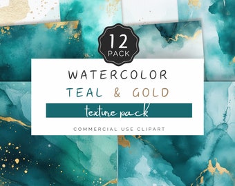 Teal & Gold Watercolor Texture Background, Bright Color Backdrop, Shiny Digital Paper JPG, for Sports, Commercial Use Crafts | UC401