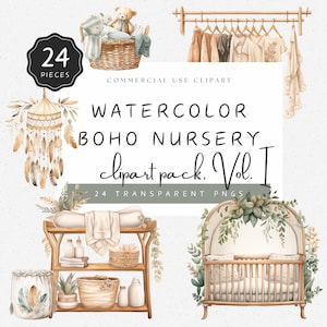 Boho Baby Nursery Clipart Neutral Baby Beige Green Bohemian Theme Cute Watercolor Illustrations PNG Commercial Use | UC020