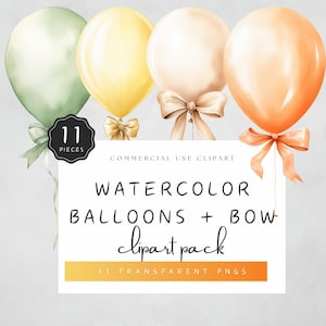 Watercolor Party Balloons Clipart Yellow Green Orange Balloon with Bow Graphics Neutral Baby Shower PNG Commercial Use | UC006