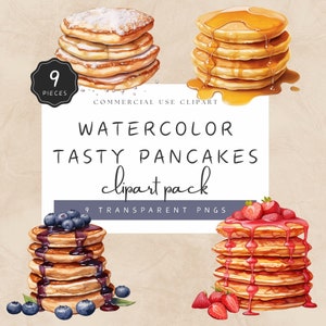 Watercolor Pancake Clipart, Powdered Sugar and Maple Syrup Topping, Fluffy Pancakes, Premium PNG, Commercial Use | UC005