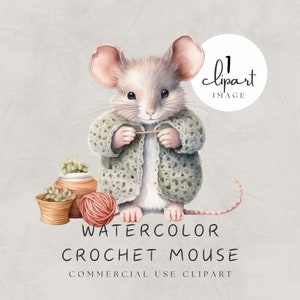 Cute Crochet Mouse Clipart Watercolor, Granny Rhodent with Crochet Needle, Ball of Yarn, Realistic Illustration | UC004