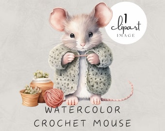 Cute Crochet Mouse Clipart Watercolor, Granny Rhodent with Crochet Needle, Ball of Yarn, Realistic Illustration | UC004