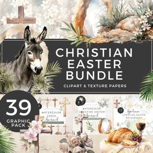 Christliches Kreuz Clipart Aquarell, Ostern Clipart Bundle inkl. digitalem Papier, Palmsonntag Esel, Florales Kreuz Aquarell | UC012