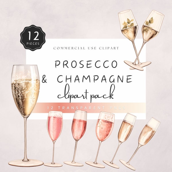 Prosecco Clipart Watercolor, Champagne Glasses, Bubbly Wines, Light Pink Sparkly Alcohol, Tall Flutes, Commercial Use | UC005