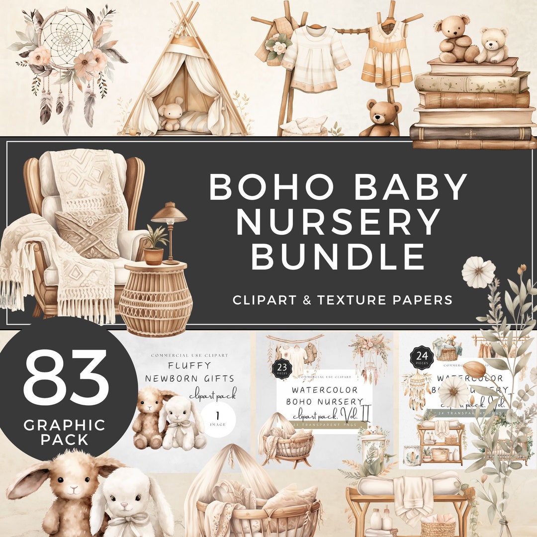 Boho Baby Bundle Clipart Watercolor Fluffy Friends Neutral Cradle Cute ...