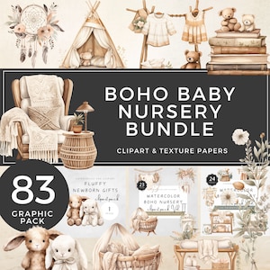 Boho Baby Bundle Clipart Watercolor Fluffy Friends Neutral Cradle Cute Plush Animals Clip Art PNG Commercial Use | UC020