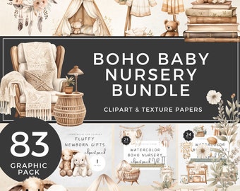 Boho Baby Bundle Clipart Watercolor Fluffy Friends Neutral Cradle Cute Plush Animals Clip Art PNG Commercial Use | UC020