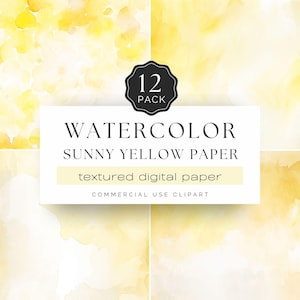 Può includere: Un pacchetto di arte digitale con 12 carte acquerello nei toni del giallo sole. Le carte hanno un aspetto strutturato e sono adatte per uso commerciale. Il testo sull'immagine recita "WATERCOLOR SUNNY YELLOW PAPER textured digital paper COMMERCIAL USE CLIPART".