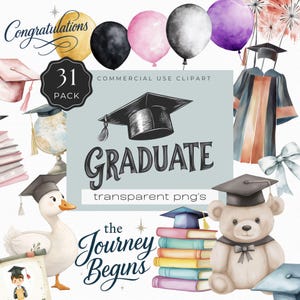 Clipart de Formatura, Boné de Formatura em Aquarela PNG, Diploma de Ensino Médio, Vestido e Balões, 31 Imagens PNG para Artesanato e Mais | UC006