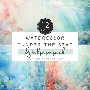 Papier aquarelle jpg sous la mer, toile de fond bleu océan délavé clair, récif de corail et bulles, pour usage commercial créations créatives | UC302