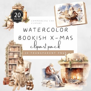 Bookish Christmas Clipart Pack Boho 20 High Quality PNG 300DPI Warm Hearth Poetry Reading Bookworm Mouse Tree Tea Pot Cups | UC105