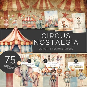 Circus Nostalgia Bundle, Vintage Texture Parchment Paper, Watercolor Clown Circus Artists, Balloon Background, for Commercial Use | UC014