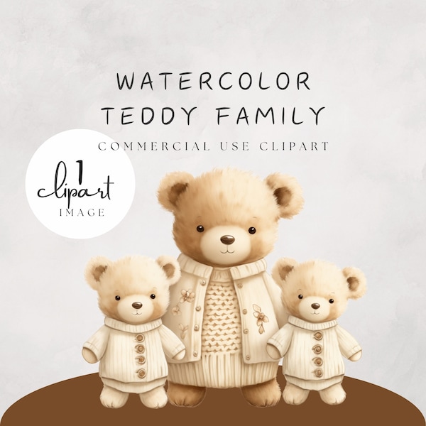 Teddy Bear Family Clipart Cream Winter Coat Plush Animal Furry PNG Cute Watercolor Digital Sticker Image Commercial Use | UC020