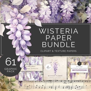 May include: A digital paper bundle featuring 61 watercolor illustrations of wisteria flowers. The bundle includes seamless patterns, clipart, and vintage parchment papers. The text "Wisteria Paper Bundle" is displayed in large, bold letters.