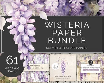 Watercolor Wisteria Paper Bundle, Summer Flower, Vintage Parchment, Purple Seamless Paper, for Digital Creators and Print Crafts | UC301