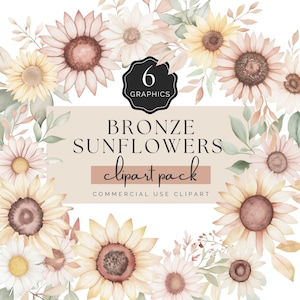 Zonnebloem clipart, bronzen zonnebloemstuk met transparante achtergrond, aquarel zomer, 6 png-afbeeldingen voor commercieel gebruik | UC003