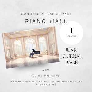 Piano Hall Junk Journal Page Clipart Line Drawing Well Lit Room Large Windows Piano Concert Ball White Yellow | UC002