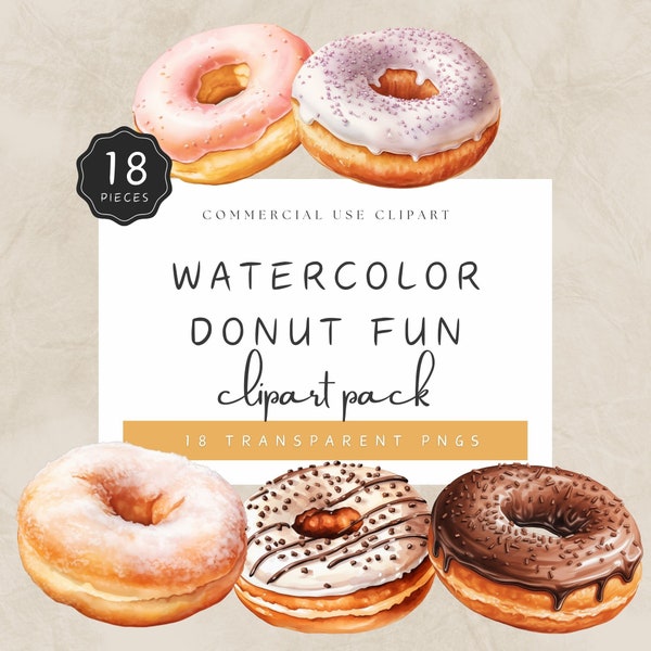 Donut Clipart Watercolor, Plain Donuts with Powdered Sugar and Icing, Unicorn Donut, Chocolate Sprinkles, Commercial Use | UC005