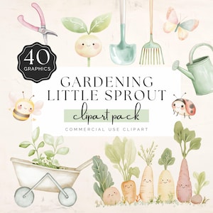 Clipart jardinage Little Sprout, jolies plantes, pelle, nain de jardin png et plus, 40 graphiques aquarelles à usage commercial | UC003