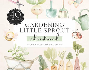 Kleiner Sprout Gartenarbeit Clipart, süße Pflanzen, Schaufel, Gartenzwerg png und mehr, 40 Aquarell Grafiken für kommerzielle Nutzung | UC003