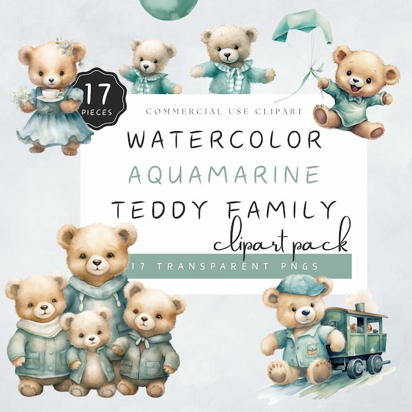 Teddy Bear Clipart Aquamarine Teddy Bear Family PNG Daddy Suit Cute Baby Toy Train Cowboy Nursery Clipart Commercial Use | UC020