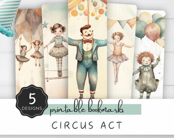 Marque-page numéro de cirque, Marque-pages mignons aquarelle, clown de spectacle de trapèze, pour les amoureux des livres, 5 designs adorables assortis | UC701
