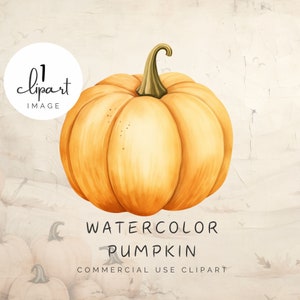 Puede incluir: Una ilustración de acuarela de una sola calabaza naranja. La calabaza tiene un tallo verde y está pintada en un estilo realista. El texto "WATERCOLOR PUMPKIN COMMERCIAL USE CLIPART" está debajo de la calabaza.