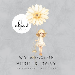 April Birth Flower Clipart, Watercolor Daisy, Cute Fairy holding Daisy Stem, Floral Gold PNG Illustration | UC003