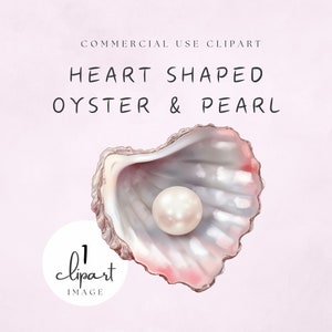 Puede incluir: Una concha de ostra en forma de corazón con una perla blanca en su interior. La concha está abierta y la perla es visible. El fondo es de color rosa claro.