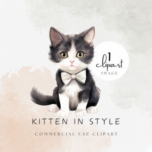 Smoking-Katzen-Clipart, Aquarell, süßes Kätzchen im Stil mit Fliege, aufgeräumte Katze schwarz weiß, lustige PNG-kommerzielle Nutzung POD | UC004