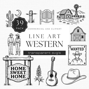 Cowboy lijntekeningen set, minimalistische westerse clipart, kleur in Bluebonnet, Ranch, 39 SVG-pictogrammen voor commerciële ambachten | UC209