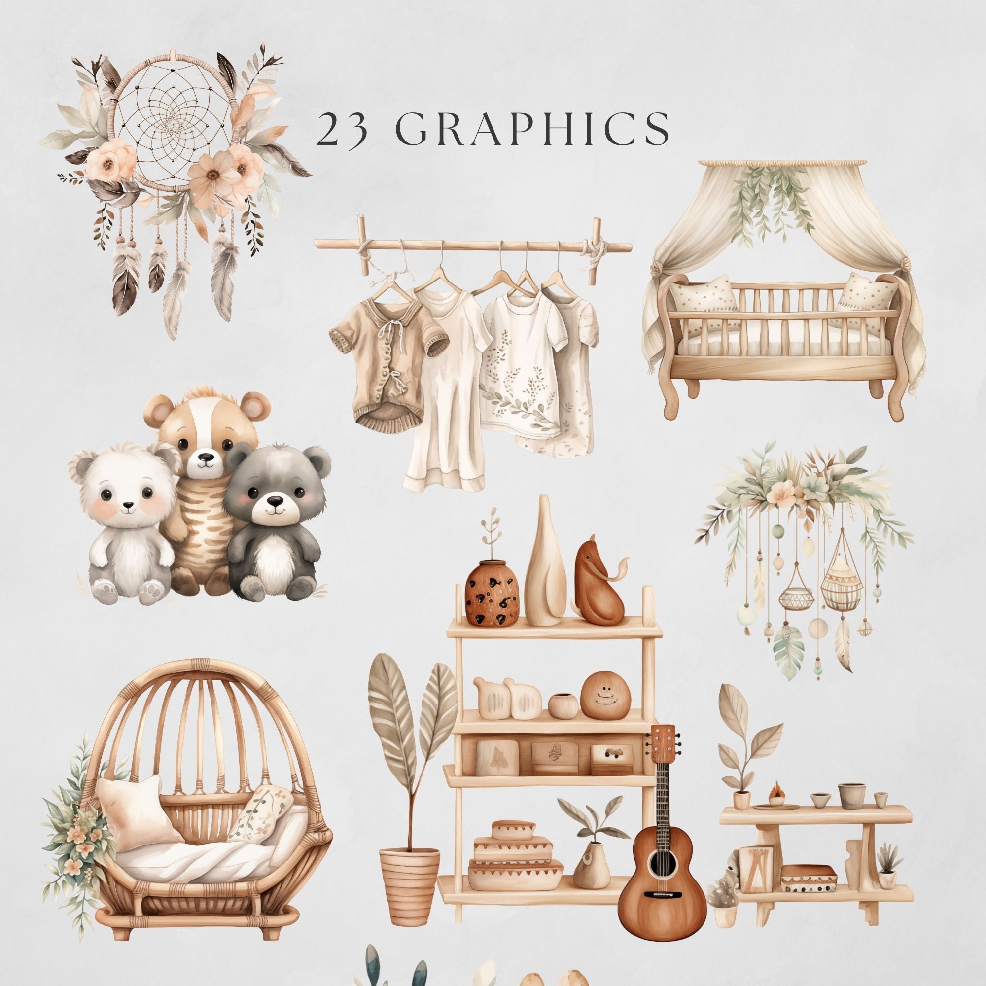 Boho Baby Clothes Clipart Neutral Baby Girl Tipi Tent Cradle Bohemian ...