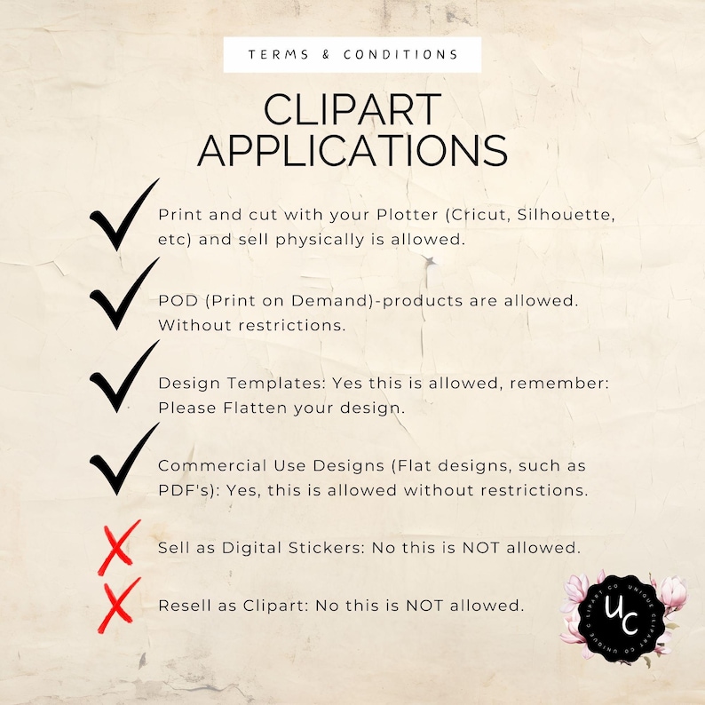 May include: A checklist of terms and conditions for clipart applications. The list includes allowed uses such as printing and cutting with a plotter, print on demand products, and commercial use designs. The list also includes uses that are not allowed, such as selling as digital stickers and reselling as clipart.