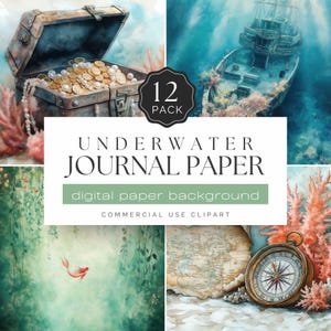 Papel de diario subacuático, 12 papeles digitales de aventuras oceánicas, barco hundido, coral, sirena y tortuga, manualidades para uso comercial / UC402