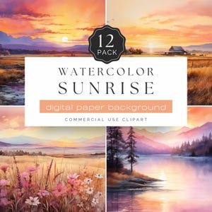 Papier numérique aquarelle Sunrise - Arrière-plans de paysages paisibles, lac, ferme et champ, ciel matinal, paquet de 12 papiers numériques | UC302