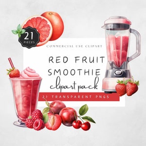 Smoothie Clipart Red Fruits Strawberry Raspberry Blood Orange Cherry Blender Glass Straw Ice Cubes Yoghurt Oat Milk PNG | UC005