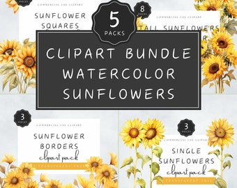 Watercolor Sunflowers Clipart Bundle, Yellow Flower Bouquet, Summer Floral Clip Art, Sunflower Heart PNG | UC003
