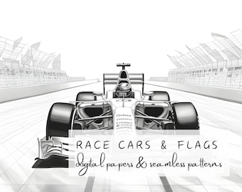 May include: Black and white illustration of a race car speeding down a track. The car is in focus, while the track and surrounding area are blurred. The text "RACE CARS & FLAGS digital papers & seamless patterns" is at the bottom of the image.