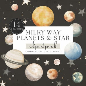 Milky Way Planets and Stars Clipart, Earth, Sun, Moon Neptune, Venus and Mars, 14 Watercolor PNG Graphics for Invites and Crafts | UC006