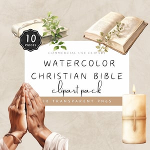 Bible Clipart, Watercolor Christian Book Reading Glasses, Prayer Hands PNG, Aquarel Bible with Blossom, Cross Candle Clip Art | UC012
