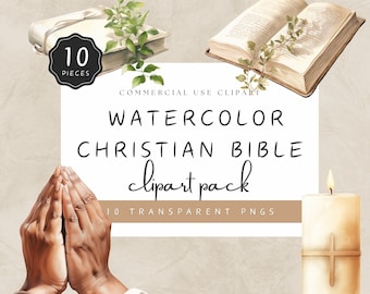 May include: A digital clipart pack of 10 watercolour illustrations featuring Christian themes. The illustrations include a closed book, a lit candle, and two hands clasped in prayer. The text "WATERCOLOR CHRISTIAN BIBLE clipart pack" and "10 TRANSPARENT PNGS" is included in the image.