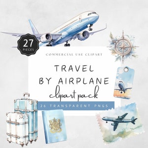 Airplane Clipart Image Travel Bundle Colorful Plane Set in Watercolor Light Blue Travel Badges World Cities Luggage Graphics | UC201