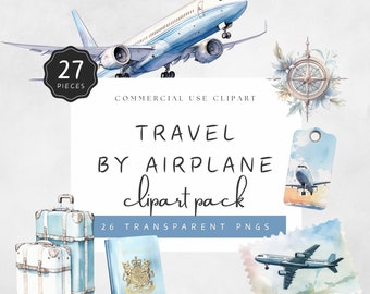 Airplane Clipart Image Travel Bundle Colorful Plane Set in Watercolor Light Blue Travel Badges World Cities Luggage Graphics | UC201
