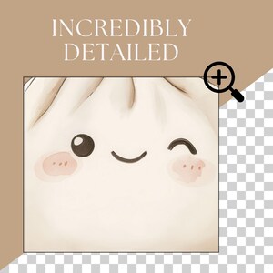 May include: A white cartoon dumpling with a winking eye and a smile. The dumpling has rosy cheeks and is drawn in a watercolor style.